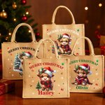 Personalisierte Cartoon Weihnachtsmütze Hochland Kuh große Jute Tragetasche mit Namen täglichen Gebrauch Weihnachtsgeschenk für Familie Freunde