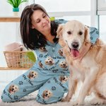 Personalized Cute Paw 1-5 Pet Face Photo Avatar Long-Sleeved Pajamas Set with Name Birthday Gift for Women Men Pet Lover