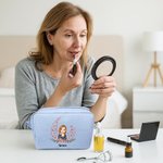 Personalized Birth  Flower Cartoon Character Multicolor Makeup Bag with Name Daily Use Travel Birthday Gift for Women