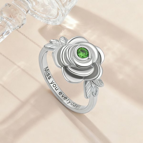 Personalized Birthstone Rose Flower Urn Ring with Engraved Text Cremation Jewelry for Ashes of Loved Ones Memorial Gift for Women