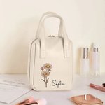 Bolso de maquillaje portátil personalizado de cuero PU con flor de nacimiento nombre asa y compartimentos regalo de cumpleaños para mujeres y niñas