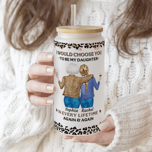 Personalized Leopard Cartoon Mother and Daughter 20 oz Frosted Clear Glass Cup with Name and Straw Birthday Gift for Women