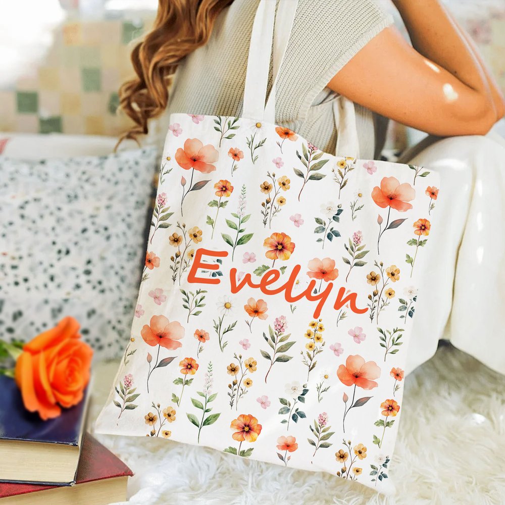 Henkilökohtainen Värikäs Wildflower Suuri kapasiteetti Canvas Kangas Kangaskassi nimi Päivittäinen käyttö Vuosipäivä Syntymäpäivä Lahja naisille Tytöt