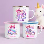 Henkilökohtainen söpö Fantasy yksisarvinen dinosaurus 12 oz monivärinen emali muki nimi ja alkuperäinen päivittäinen käyttö syntymäpäivä takaisin kouluun lahja lapsille