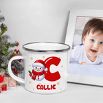 Personalised Cute Cartoon Snowman Initial 12 oz Enamel Mug with Name Christmas Gift for Boys Girls