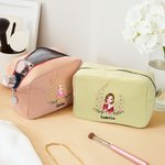 Personalized Birth  Flower Cartoon Character Multicolor Makeup Bag with Name Daily Use Travel Birthday Gift for Women