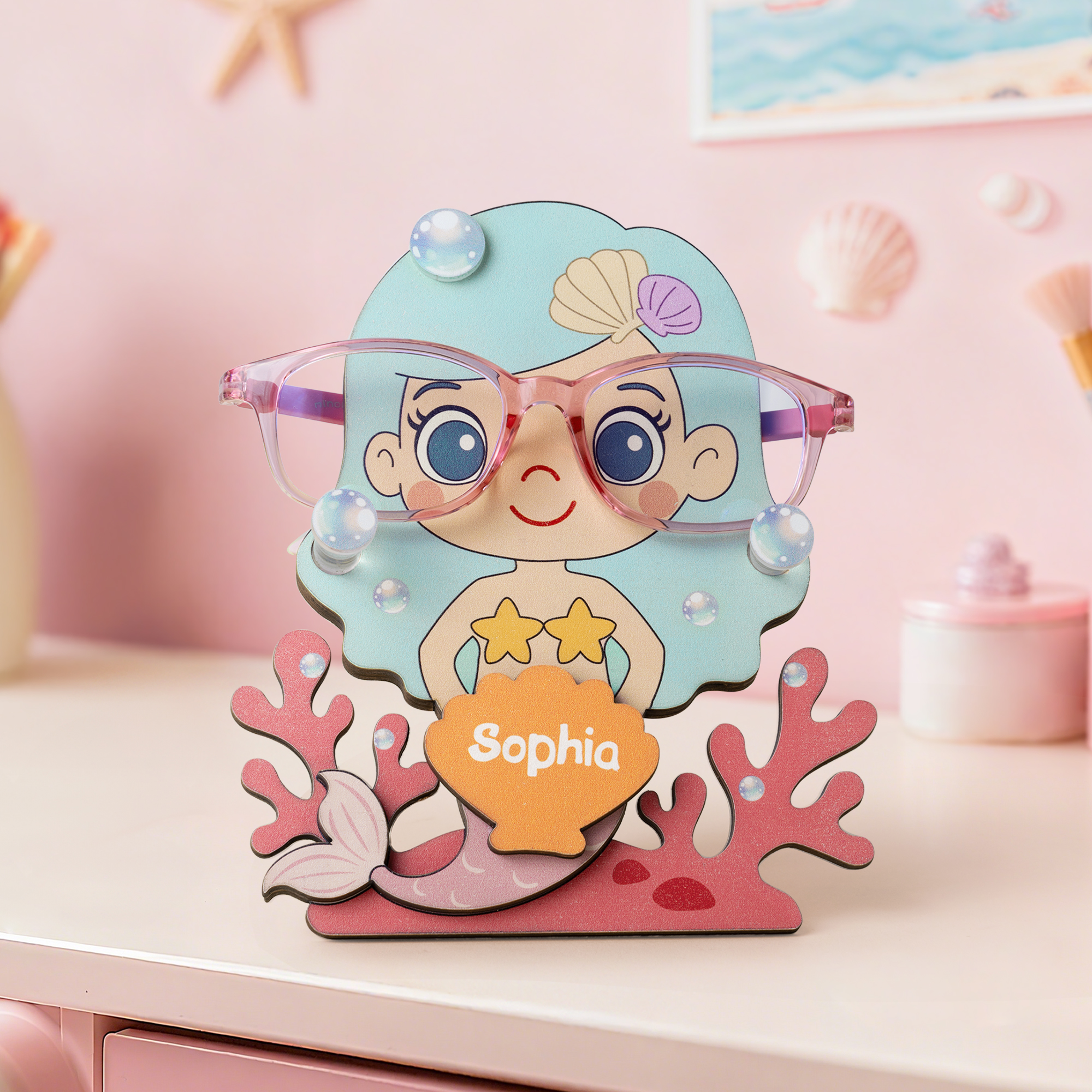 Porte-lunettes personnalisé en corail avec design de sirène pour enfant avec nom Décoration de bureau Cadeau d'anniversaire pour fille