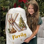 Personalized Cute Cartoon Elk Christmas Tree Initial Canvas Drawstring Gift Bag with Name Christmas Gift for Friends Family