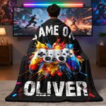 Personalized Gamepad Splatter Paint Soft Throw Blanket with Name and Title Home Decor Birthday Gift for Game Lover Kid
