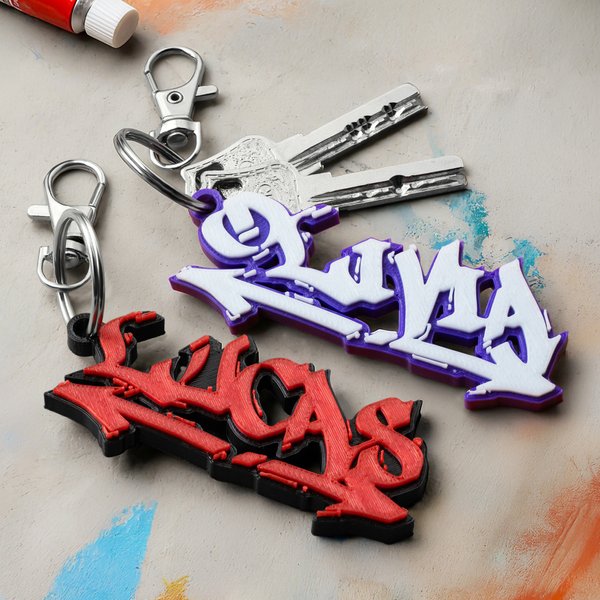 Porte-clés personnalisé imprimé en 3D avec nom graffiti multicolore Cadeau d'anniversaire pour les amis amateurs de graffiti