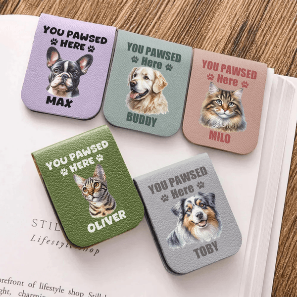 Personalized Cute Pet PU Leather Magnetic Bookmark Clip with Name Reading Accessories Birthday Christmas Gift for Pet Lovers Bookworms