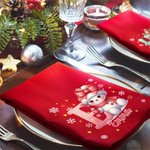 Personalized Snowman Snowflake Bow Initial 100% Cotton Red Reusable Napkin with Name Table Decor Christmas Gift for Family Friend