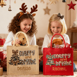 Personalised Merry and Bright Leopard-Print Bow Christmas Tree Large Jute Tote Bag with Name Daily Use Christmas Gift for Family Friends