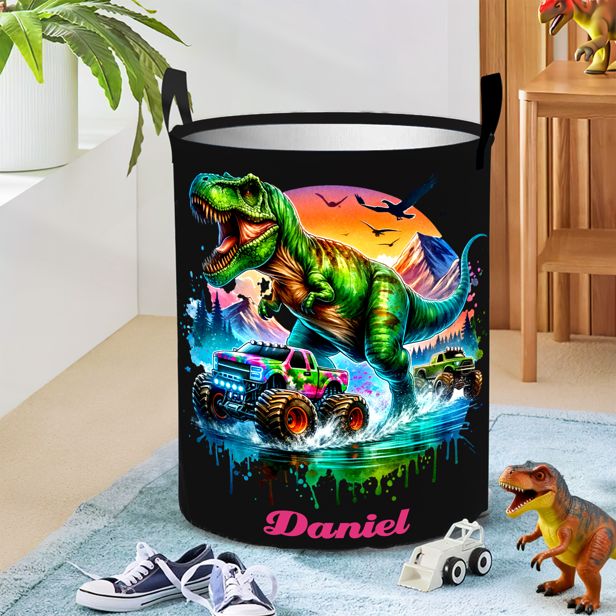Panier à linge de grande capacité avec nom pour camion de dinosaures personnalisé Cadeau d'anniversaire et de Noël pour les garçons qui aiment les camions de dinosaures.