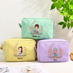 Personalized Birth  Flower Cartoon Character Multicolor Makeup Bag with Name Daily Use Travel Birthday Gift for Women