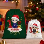 Personalized 1st Christmas Cartoon Character Drawstring Gift Bag with Name Christmas Eve Party Favors for Baby Girls Boys Kids Family
