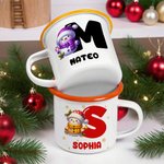 Personalised Cute Cartoon Snowman Initial 12 oz Enamel Mug with Name Christmas Gift for Boys Girls
