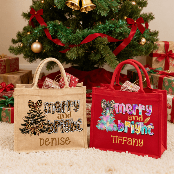 Personalisierte fröhlich und hell Leopard-Print Bogen Weihnachtsbaum große Jute Tote Tasche mit Namen täglichen Gebrauch Weihnachtsgeschenk für Familie Freunde