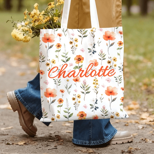 Borsa Tote in tela con nome Uso quotidiano Regalo di compleanno per le donne e le ragazze, personalizzata con motivo a fiori selvatici e di grande capacità