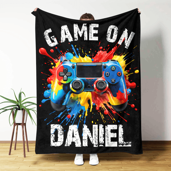 Personalized Gamepad Splatter Paint Soft Throw Blanket with Name and Title Home Decor Birthday Christmas Gift for Game Lover Kid