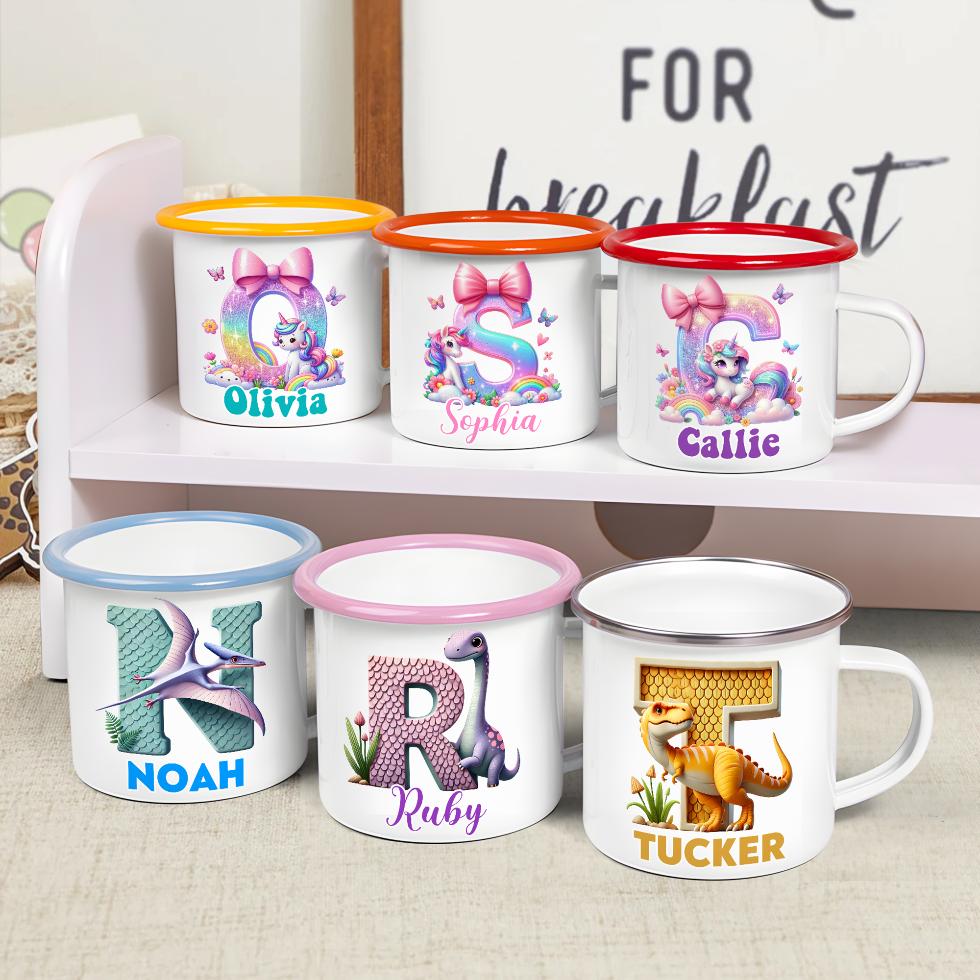 Tasse en émail multicolore 12 oz avec nom et initiale Cadeau d'anniversaire et de rentrée scolaire pour enfants