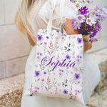 Henkilökohtainen Värikäs Wildflower Suuri kapasiteetti Canvas Kangas Kangaskassi nimi Päivittäinen käyttö Vuosipäivä Syntymäpäivä Lahja naisille Tytöt