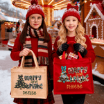 Personalised Merry and Bright Leopard-Print Bow Christmas Tree Large Jute Tote Bag with Name Daily Use Christmas Gift for Family Friends