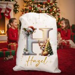 Personalized Cute Cartoon Elk Christmas Tree Initial Canvas Drawstring Gift Bag with Name Christmas Gift for Friends Family