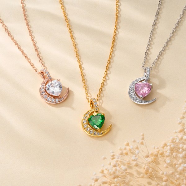 Personalized Zircon Crescent Moon Star Necklace with Heart-Shaped Birthstone Exquisite Jewelry Christmas Birthday Gift for Girl Woman