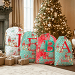 Personalised Christmas Tree Cartoon Nutcracker Canvas Drawstring Gift Bag with Name and Initial Christmas Gift for Family Friends Kids