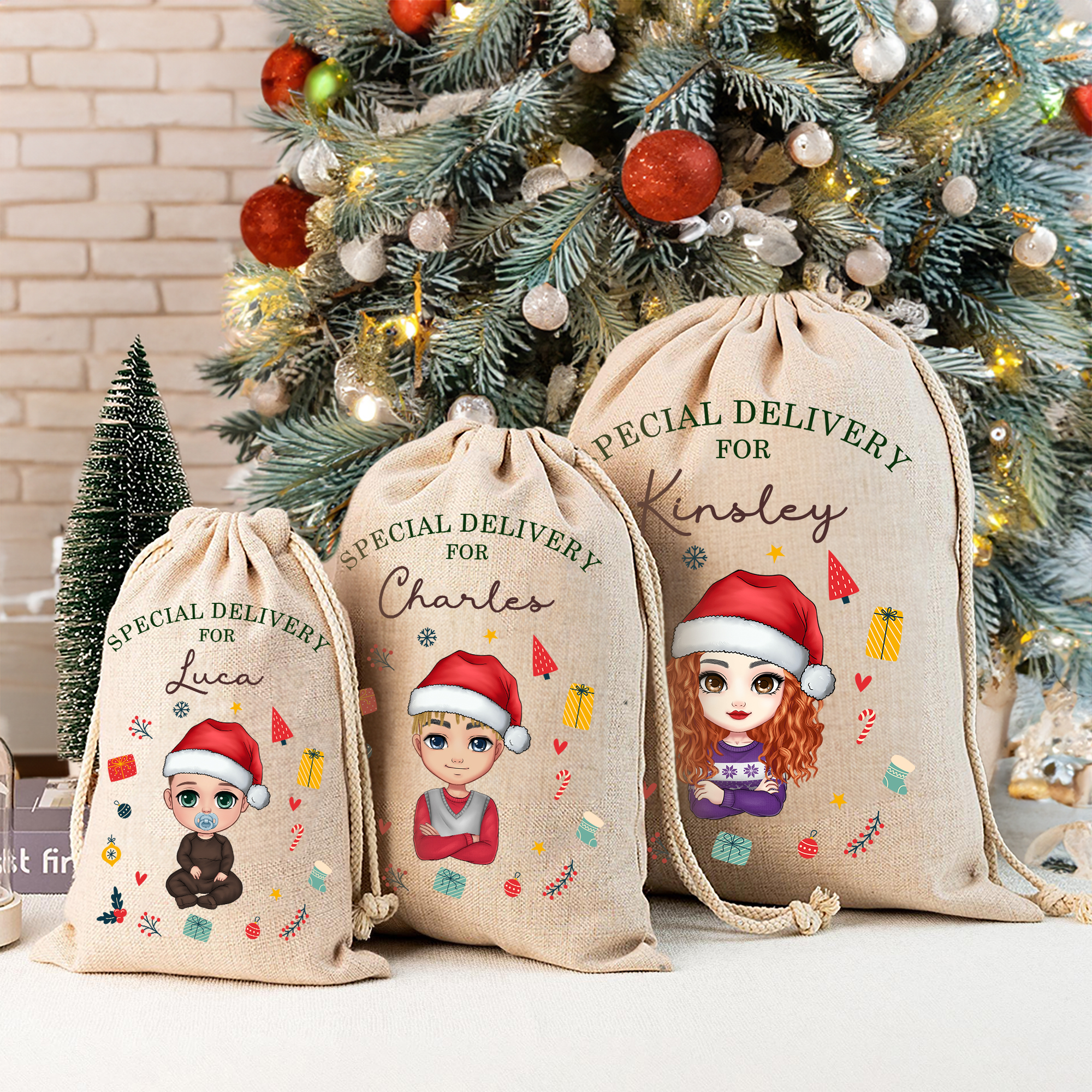 Chapeau de Père Noël personnalisé Sac de Noël à cordon avec nom Faveurs de fête de Noël pour enfants Famille