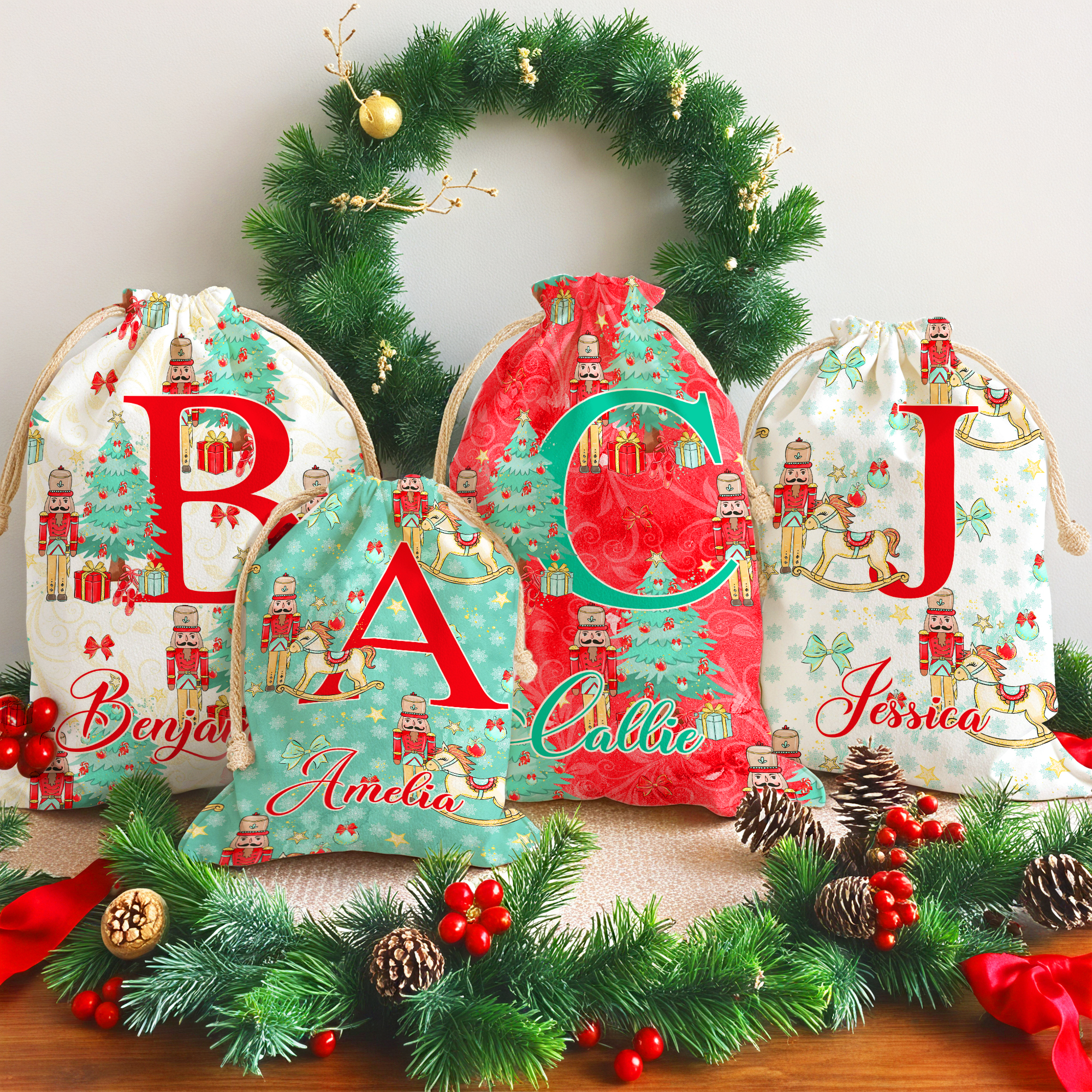 Sac à main en toile avec nom et initiales pour l'arbre de Noël Casse-Noisette Cadeau de Noël pour la famille, les amis et les enfants