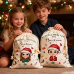 Personalized Santa Hat Cartoon Character Christmas Sack Drawstring Treat Bag with Name Christmas Party Favors for Kids Family