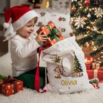 Personalized Cute Cartoon Elk Christmas Tree Initial Canvas Drawstring Gift Bag with Name Christmas Gift for Friends Family