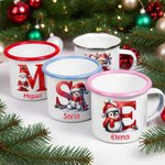 Taza de esmalte personalizada con borde colorido de 355 ml con diseño de personajes de pingüino e inicial regalo de Navidad para niños y niñas