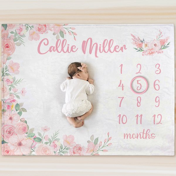Personalized Pink Floral Milestone Blanket with Name Baby Shower Photo Prop Gift for Baby Girls