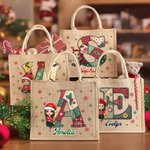 Personalised Cartoon Characters Snowflake Initial Jute Tote Bag with Name Christmas Daily Use Gift for Family Friends