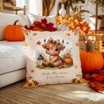 Personalized Autumn Highland Cow Pumpkin Soft Throw Pillow Cover with Name Home Decor Birthday Thanksgiving Day Gift for Family Kids