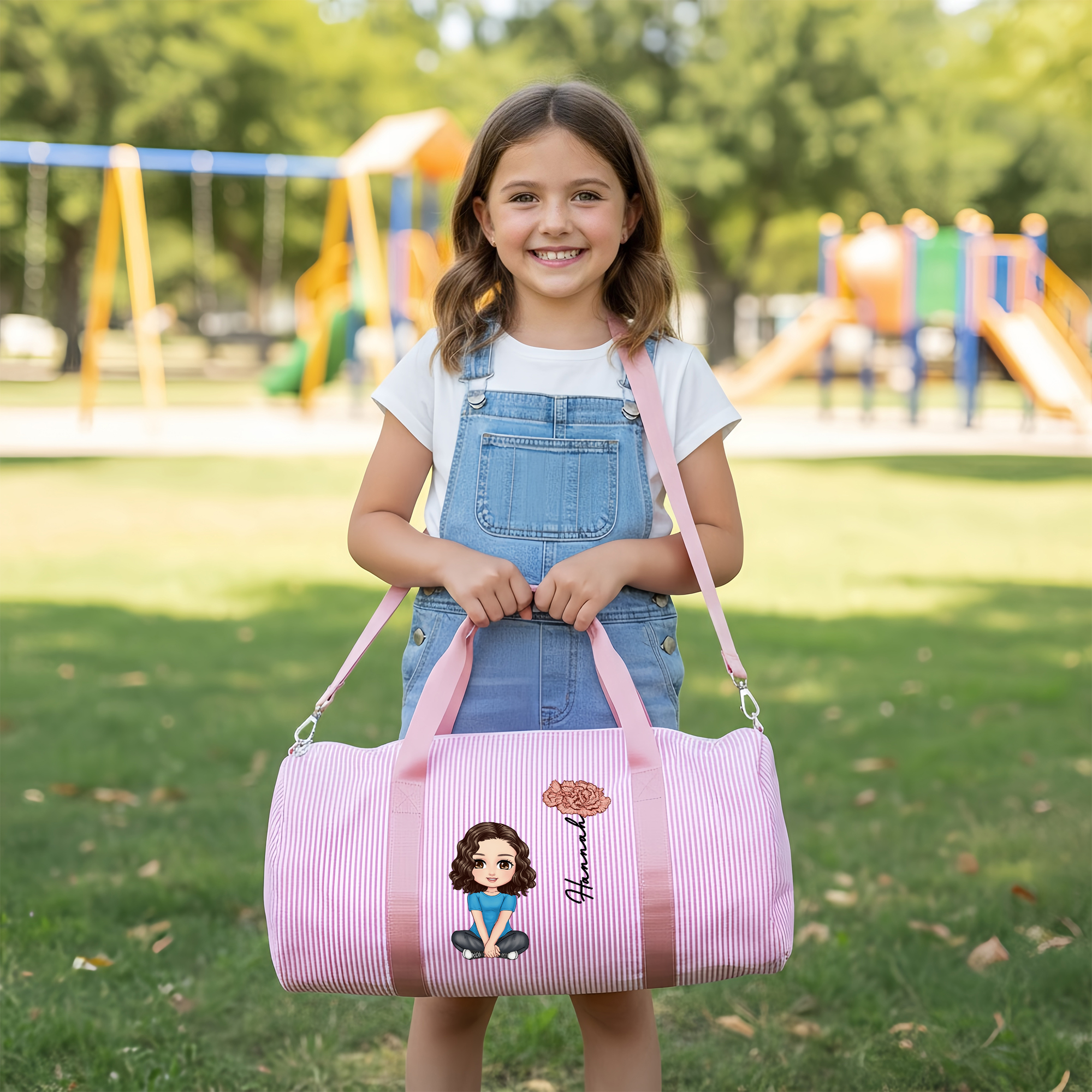 Sac de sport en seersucker personnalisé avec personnage de dessin animé et fleur de naissance - Cadeau d'anniversaire pour garçon et fille