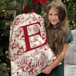 Gepersonaliseerde Vintage Toile De Jouy Kerstman Initiaal Canvas Trekkoord Cadeautas met Naam Kerstcadeau voor Familie en Vrienden