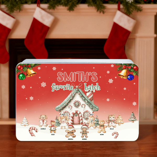 Personalized 1-8 Gingerbread Men House Pattern Biscuit Tin Storage Box with Text Title and Names Christmas Gift for Kids Family Friends