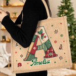 Personalisierte Weihnachtsbaum Schneeflocke Initial Jute Tote Tasche mit Namen Weihnachten täglichen Gebrauch Geschenk für Kinder Frauen