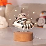 Luz nocturna LED personalizada de animales dormidos con diseño de luna y estrella base de madera fecha y nombre regalo de cumpleaños para niños