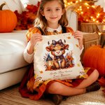Personalized Autumn Highland Cow Pumpkin Soft Throw Pillow Cover with Name Home Decor Birthday Thanksgiving Day Gift for Family Kids