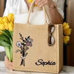 Acuarela Personalizada Nacimiento Flor Ramo Grande Bolsa de Yute con Nombre Dama de honor Día de la Madre Cumpleaños de regalo para las mujeres