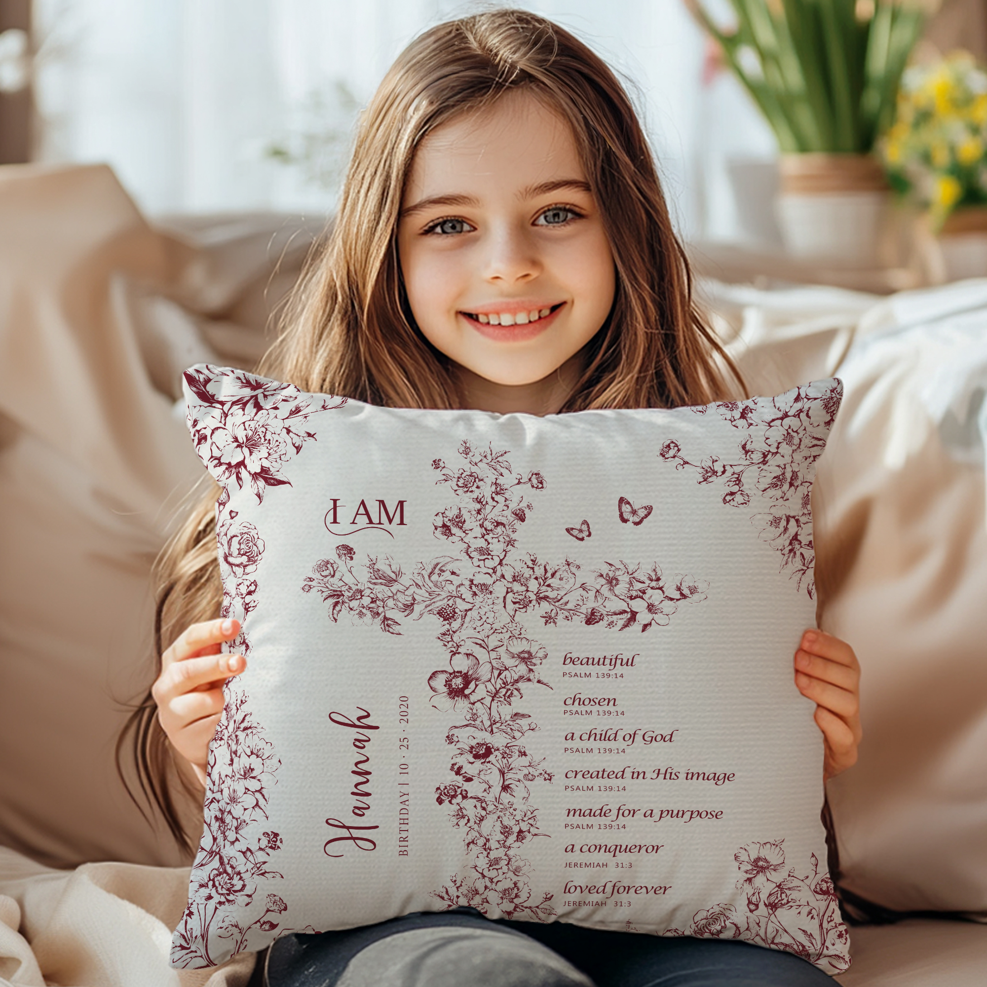 Toile de Jouy personnalisée Croix florale Chapitre de la Bible Taie d'oreiller douce avec nom Baptême Anniversaire Cadeau de Noël pour les filles Chrétiennes