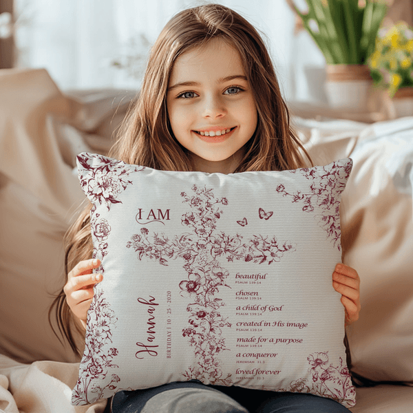 Personalised Toile De Jouy Floral Cross Bible Chapter Soft Throw Pillow Cover with Name Baptism Birthday Christmas Gift for Girls Christians