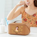 Personalised Cartoon Girl Flying Birth Flower PU Leather Wide Opening Makeup Bag with Name Christmas Birthday Gift for Girls Women