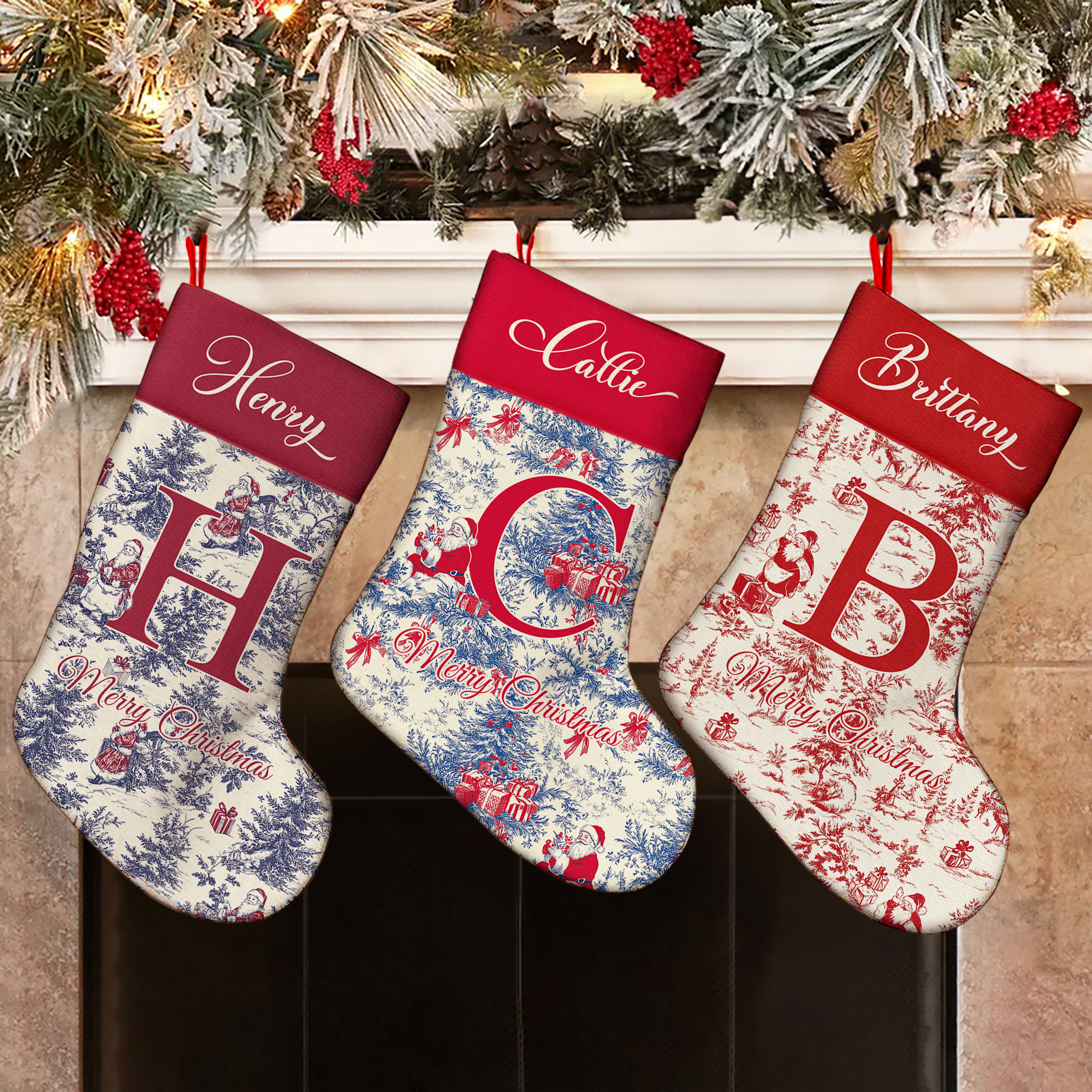 Personnalisé Toile de Jouy Style Père Noël Initial Bas de Noël suspendu avec nom Décoration de la maison Cadeau de Noël pour enfant Famille