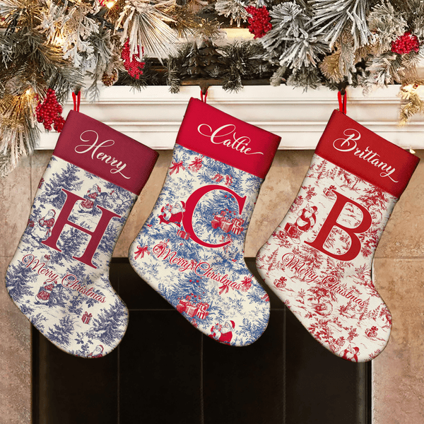 Personnalisé Toile de Jouy Style Père Noël Initial Bas de Noël suspendu avec nom Décoration de la maison Cadeau de Noël pour enfant Famille